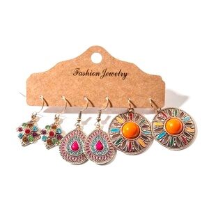 3 Pair Ethnic Vintage Bohemian Drop Dangle Set Gypsy Retro Multi-Orange Earrings